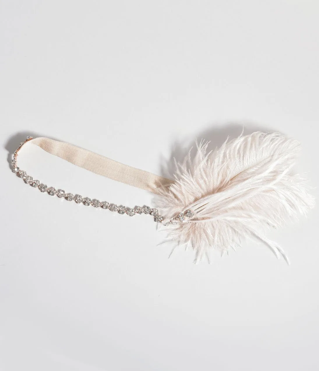 1920s Style Beige Ostrich Feather & Crystal Plumette Headband