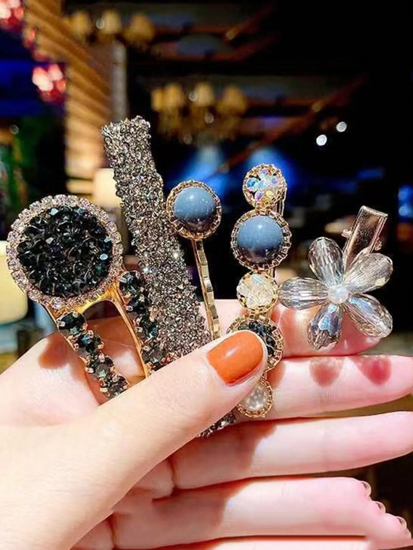 5pcs Rhinestone Flower & Round Decor Glamorous Hair Clip For Hair Decoration