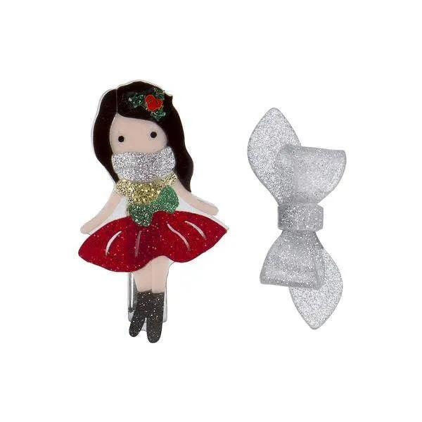 Alligator Hair Clips Set | Holiday Party Girl with Silver Glitter Bow | Lilies & Roses NY