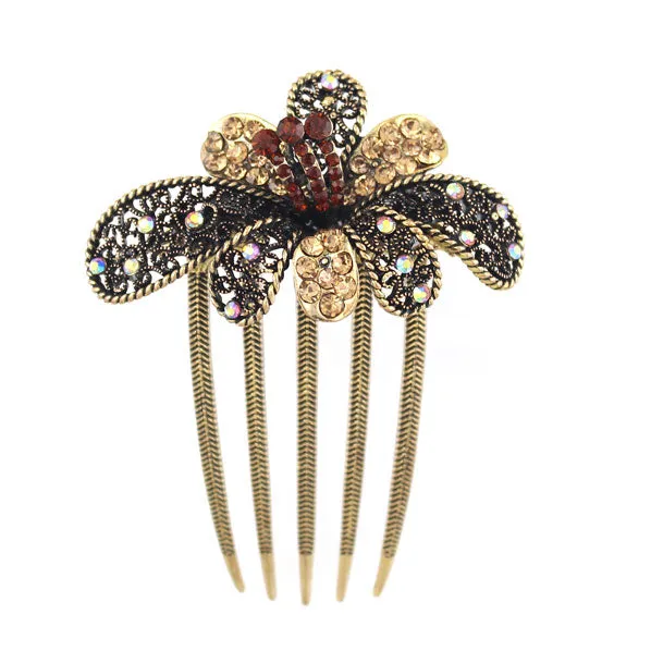 Antique Brass Rhinestone Blooming Flower French Twist Comb