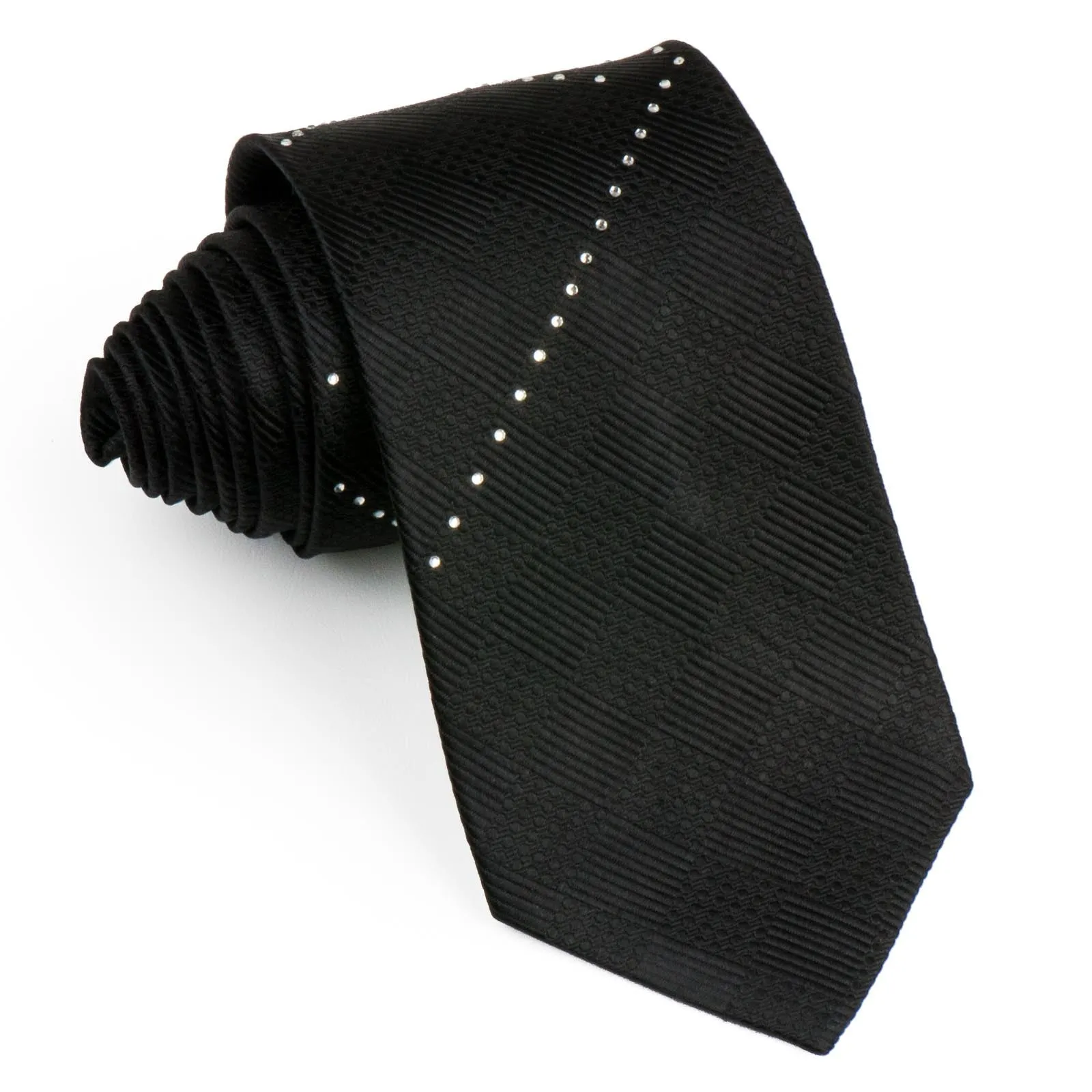 Arnaldo Bassini Men's Woven Silk Neck Tie White Rhinestones On Black