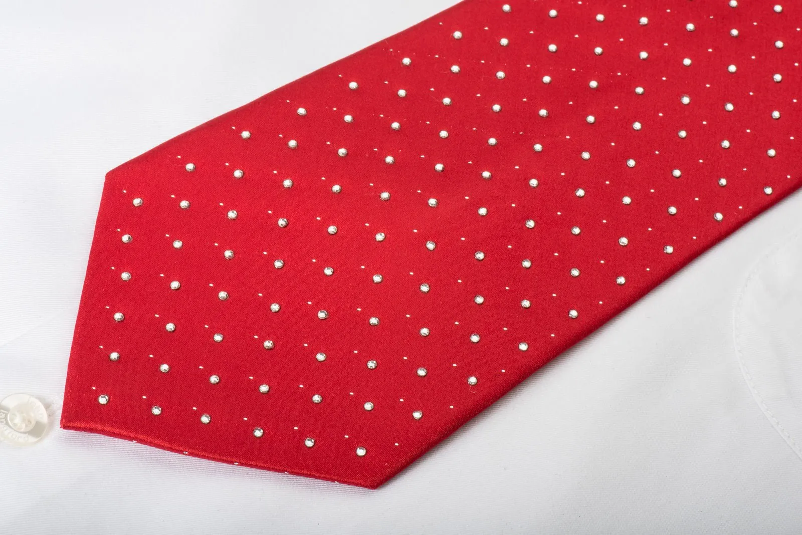 Arnaldo Bassini Silk Necktie Rhinestones On Solid Red With Silver Sparkles