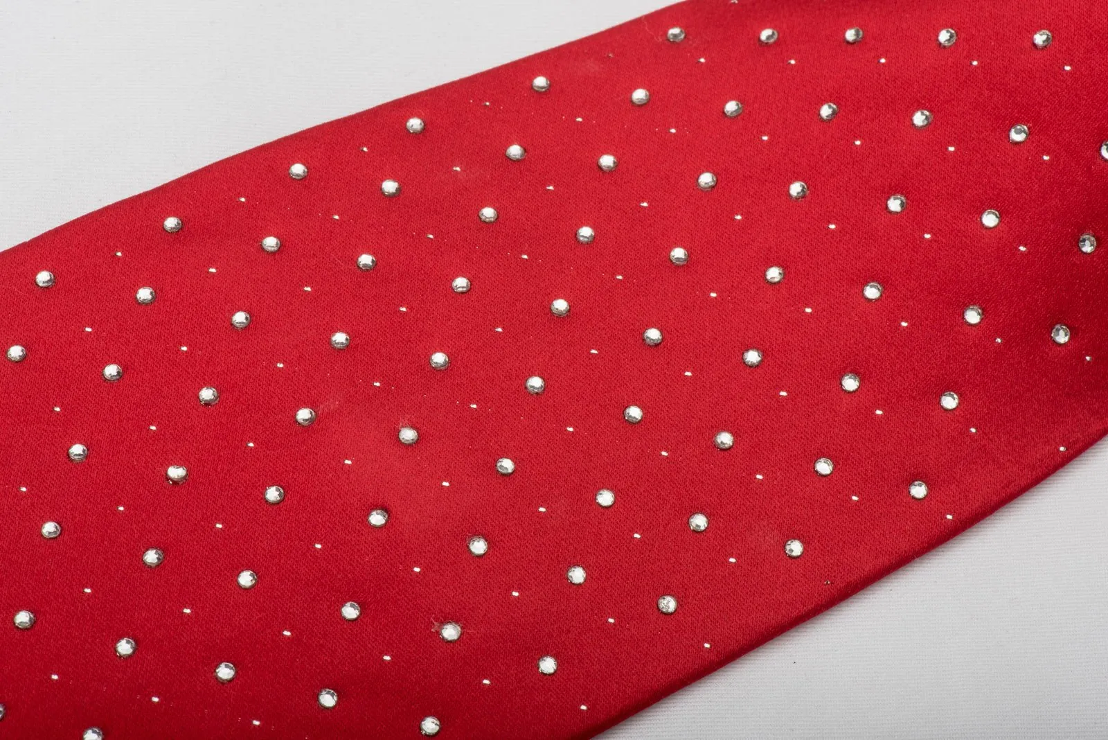 Arnaldo Bassini Silk Necktie Rhinestones On Solid Red With Silver Sparkles