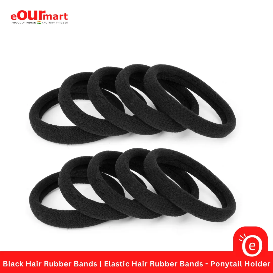 Black Hair Rubber Bands | Elastic Hair Rubber Bands - Ponytail Holder (Tight, Non-slippery, Stretchable | Cotton Elastic Rubber Bands for Kids, Girls & Women)