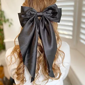 Black Satin Hair Bow Black Hair Clip Long Bow