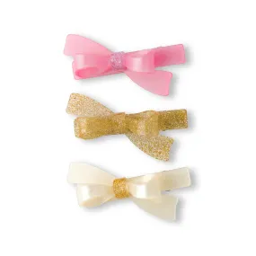 Bows Pink Glitter Gold & Pearl Hair Clips