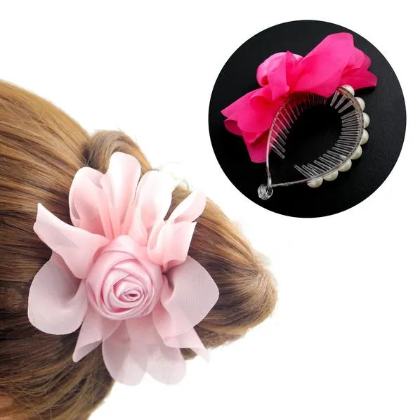 Chiffon Fabric Flower Comb Style Bun Wrap Camellia Pink