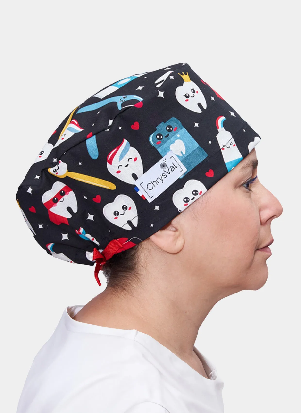 ChrysVal Long Hair Scrub Hat - Happy Teeth