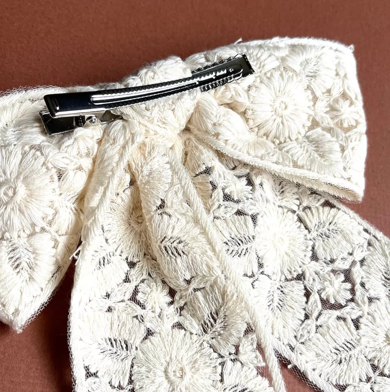 Cream Boho Embroidered Bow | Modern Bohemian | Oversize Bow Barrette |  Hand Tied and Made to Order