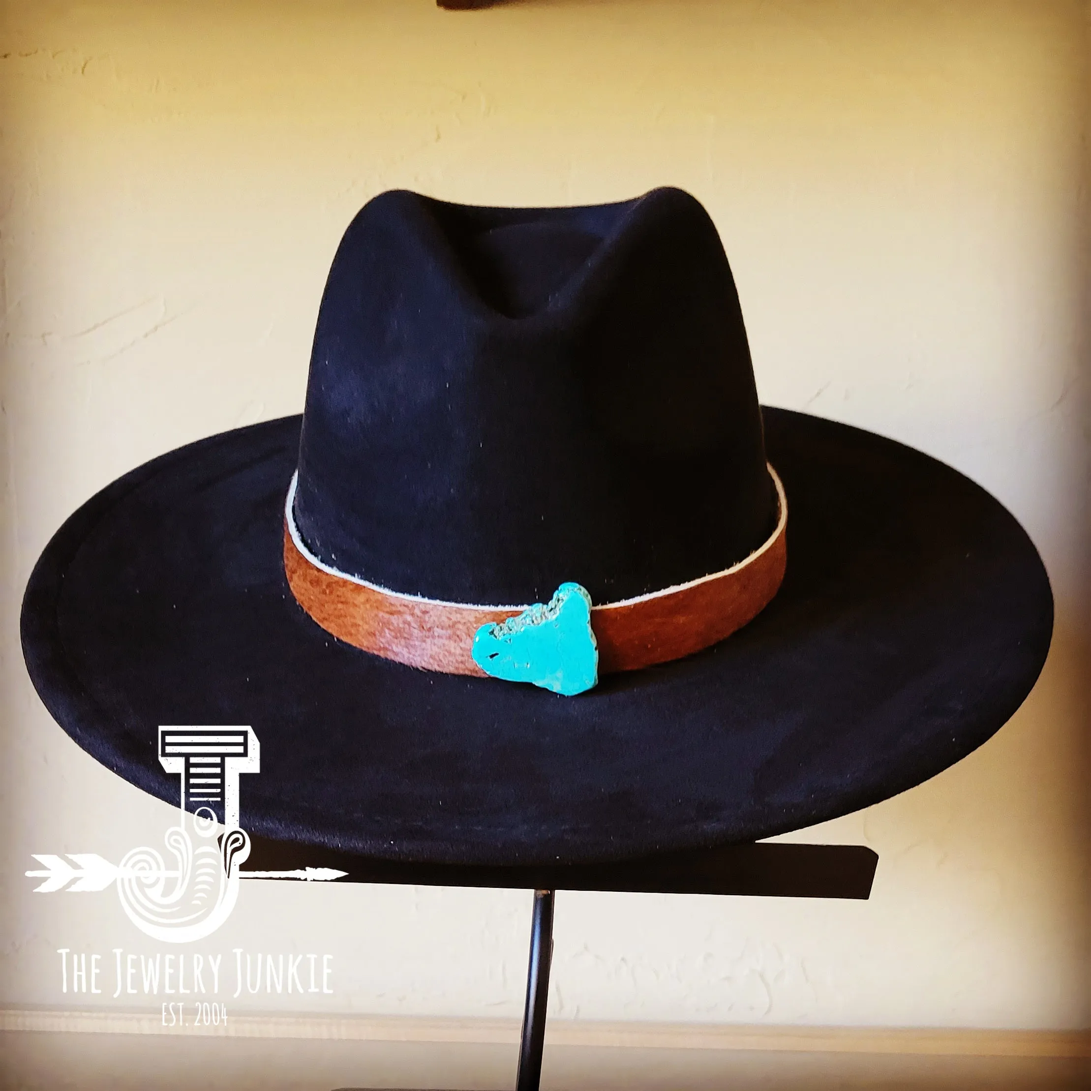 Dark Hair on Hide Leather Hat Band Only w/ Turquoise Slab 951o