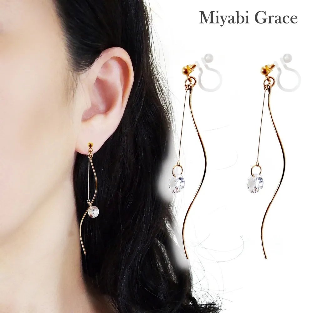 Elegant Gold Wave Bar Cubic Zirconia Invisible Clip-On Earrings | Graceful &amp; Featherlight