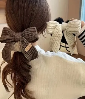 Elegant Wool Bow Hair Ties  - Cozy Knit, Solid Color Scrunchies For Women & Girls, Perfect Daily Accessory Or Gift comes in 3 colors : brown, cream, and slate blue