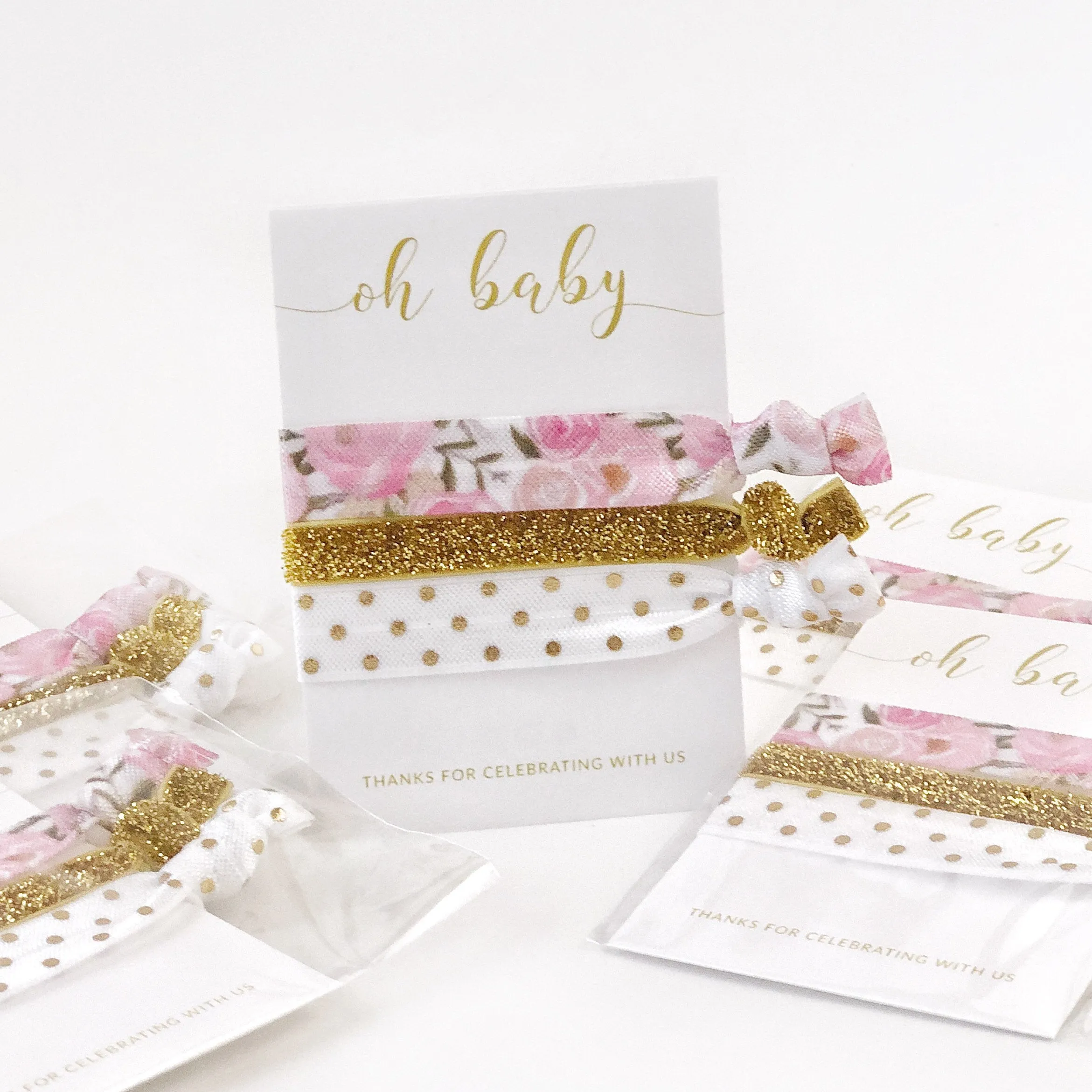 Floral Baby Shower Favors, Pink and Gold Tea Party Shower Favors, Hair Ties - FR100