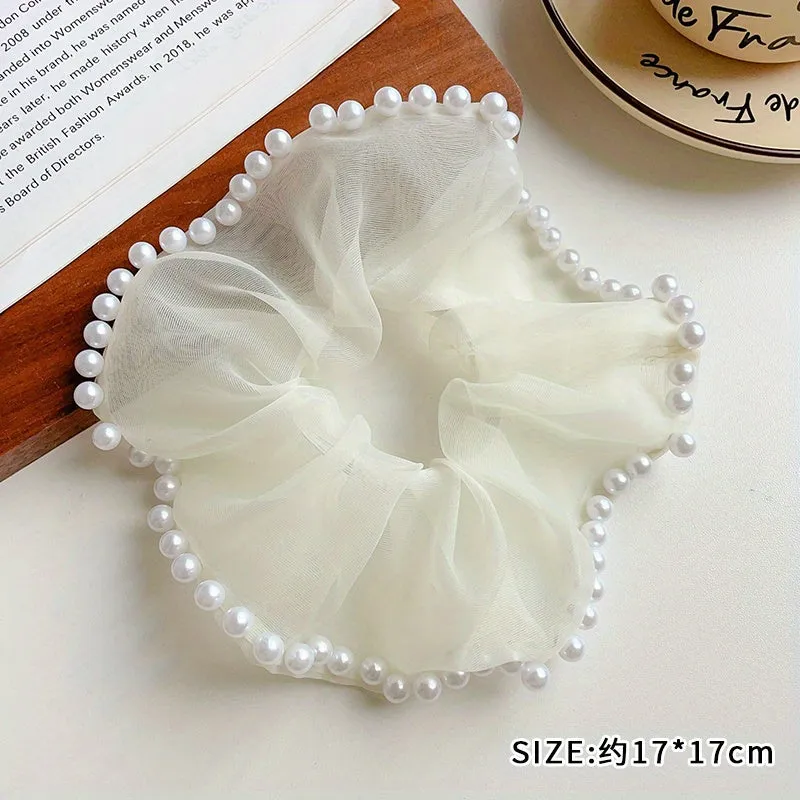 Flytonn-hoco dresses homecoming dresses  women dress to impress -Organza Scrunchies Faux Pearl Brimmed Hair Tie Simple Style Hair Rope Elegant Hair Rope Ponytail Holder Hair Tie Women Girls Hair Accessories