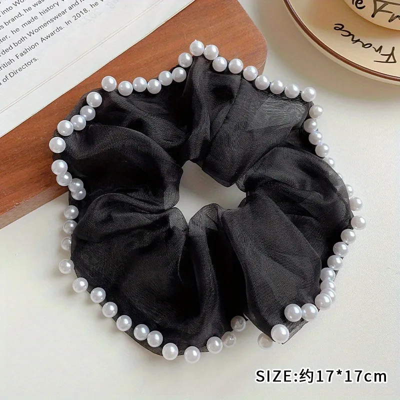 Flytonn-hoco dresses homecoming dresses  women dress to impress -Organza Scrunchies Faux Pearl Brimmed Hair Tie Simple Style Hair Rope Elegant Hair Rope Ponytail Holder Hair Tie Women Girls Hair Accessories