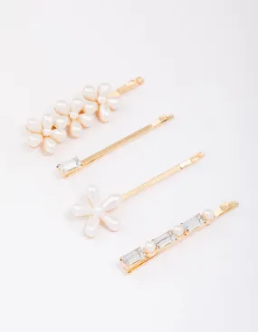 Gold Pearl Diamante Flower Hair Clip 4-Pack