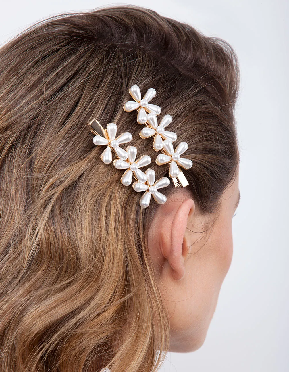 Gold Pearl Flower Hair Clip Pack