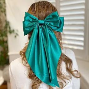 Green Satin Hair Bow Green Hair Clip Long Bow