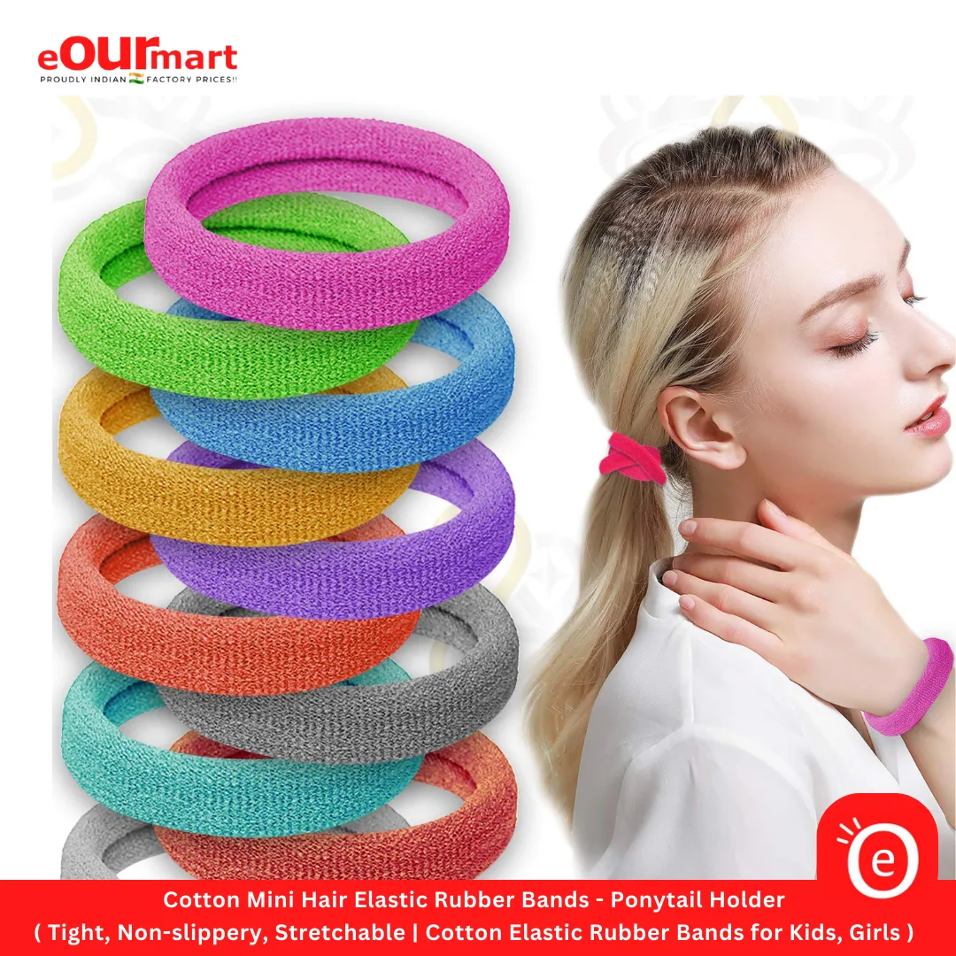 Hair Elastic Rubber Bands - Ponytail Holder (Tight, Non-slippery, Stretchable | Cotton Elastic Rubber Bands for Kids, Girls & Women)