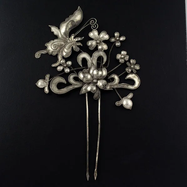 Handmade Miao Filigreed 2-Prong Flower and Butterfly Hair Stick