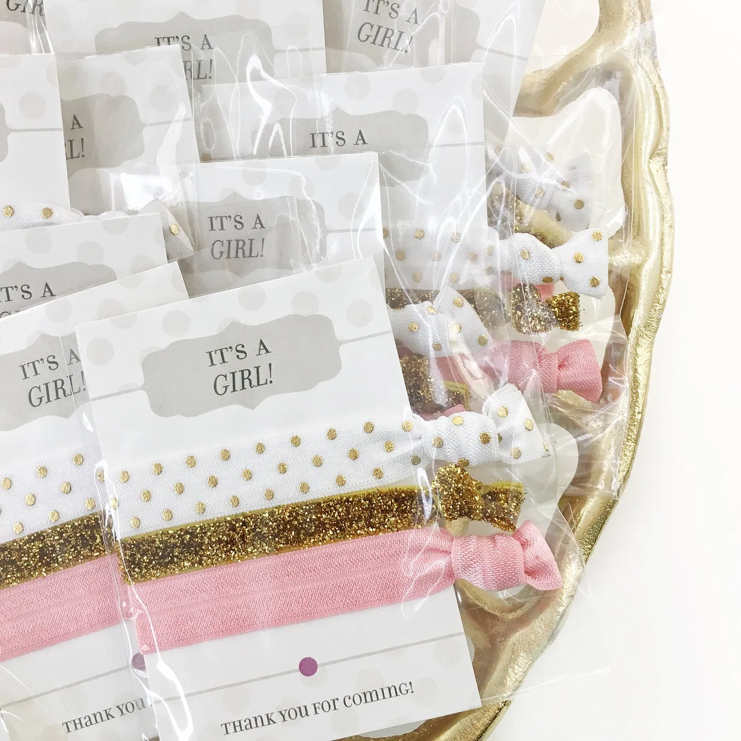 It's a Girl Pink and Gold Baby Shower Favors, Hair Ties