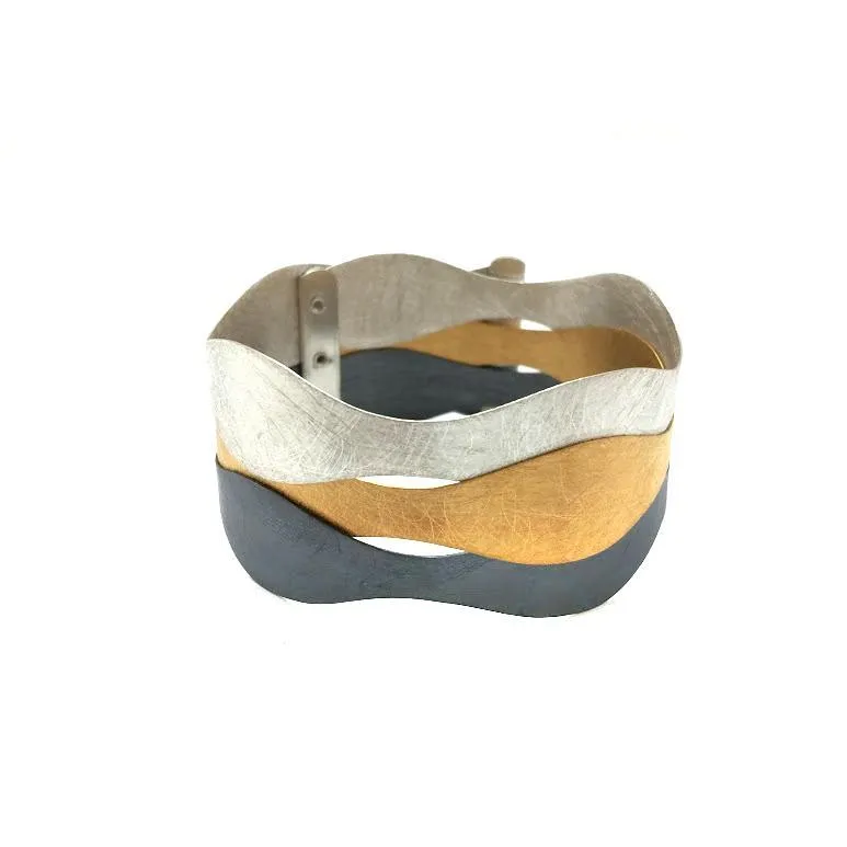 Overlapping Wave Bracelet Oxidized, Silver and Gold