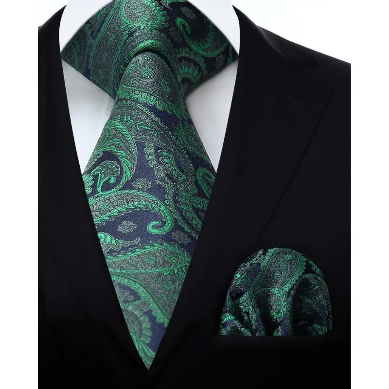 Paisley Tie Handkerchief Set - 03 - GREEN/NAVY BLUE 2