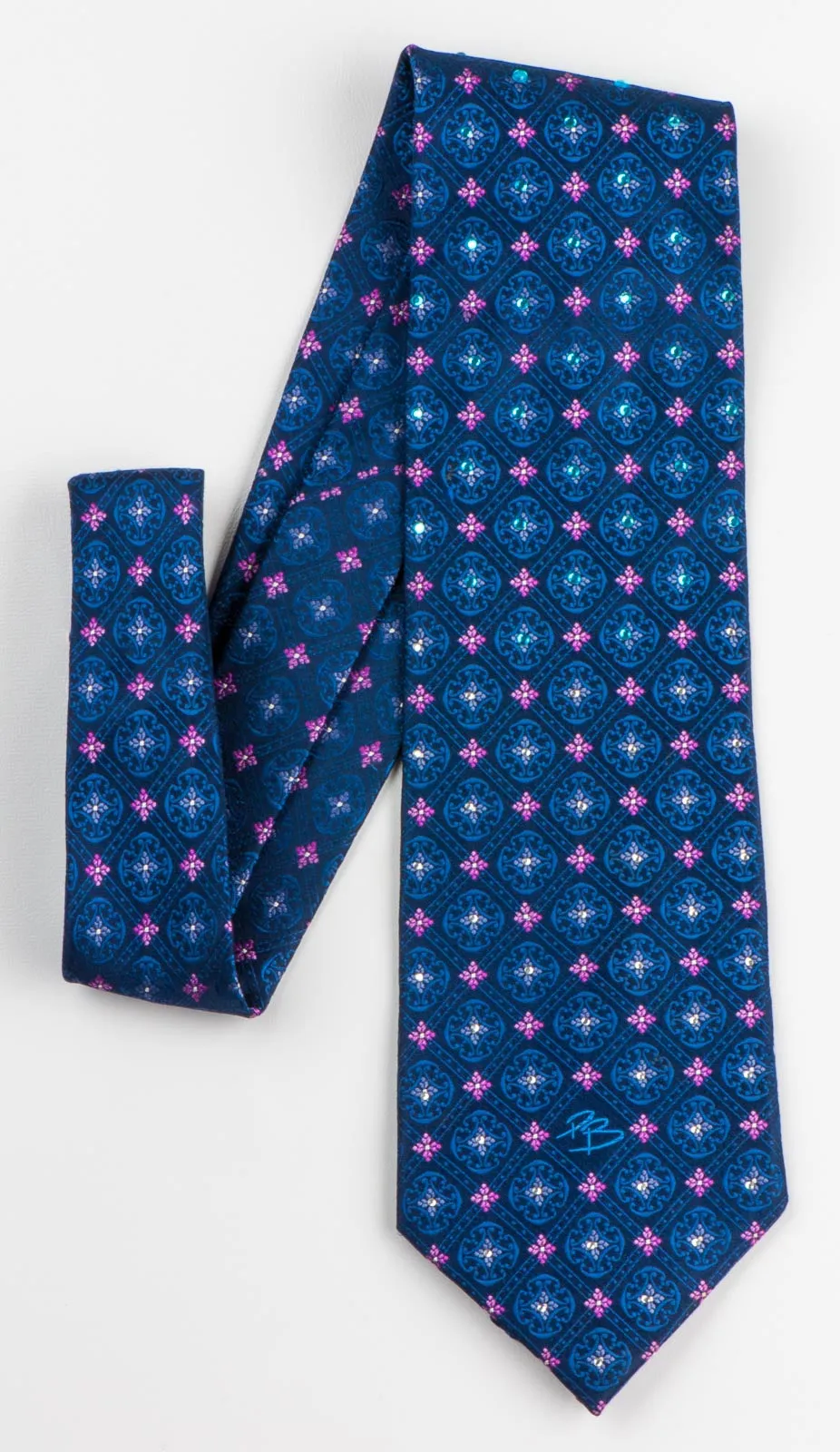 Pierre Balmain Men's Silk Rhinestone Tie Pink Foulard Floral On Navy Blue