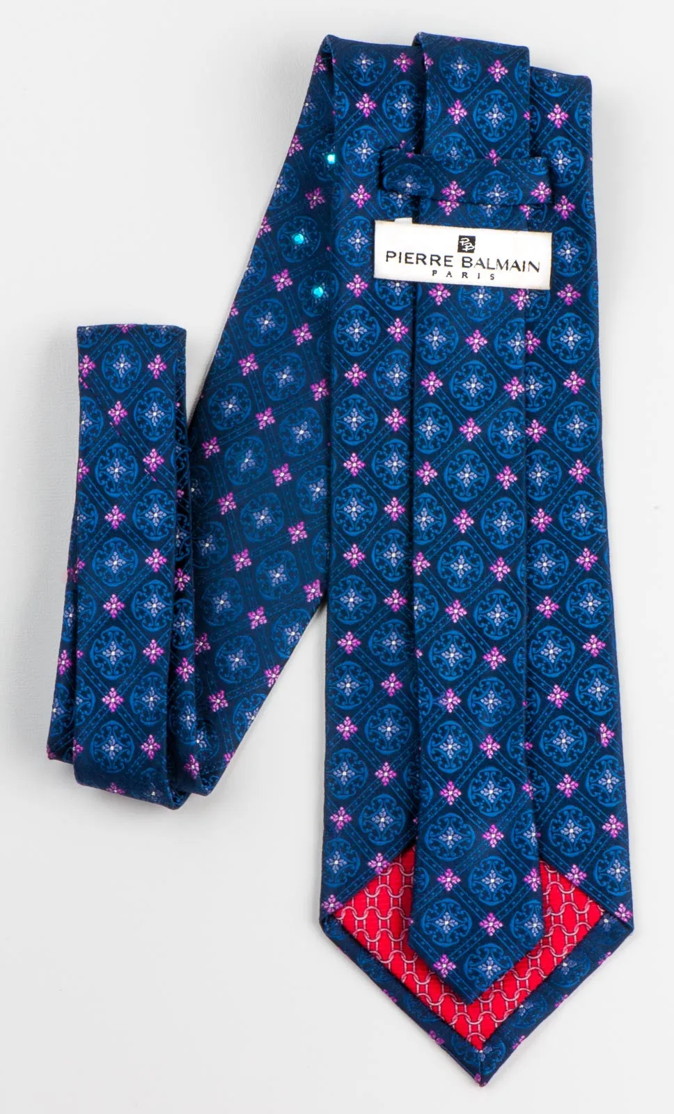 Pierre Balmain Men's Silk Rhinestone Tie Pink Foulard Floral On Navy Blue