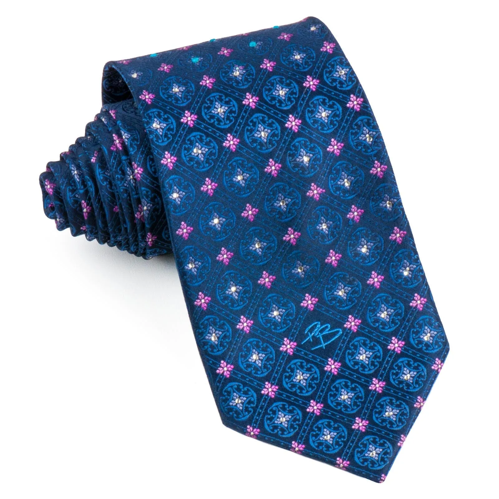 Pierre Balmain Men's Silk Rhinestone Tie Pink Foulard Floral On Navy Blue