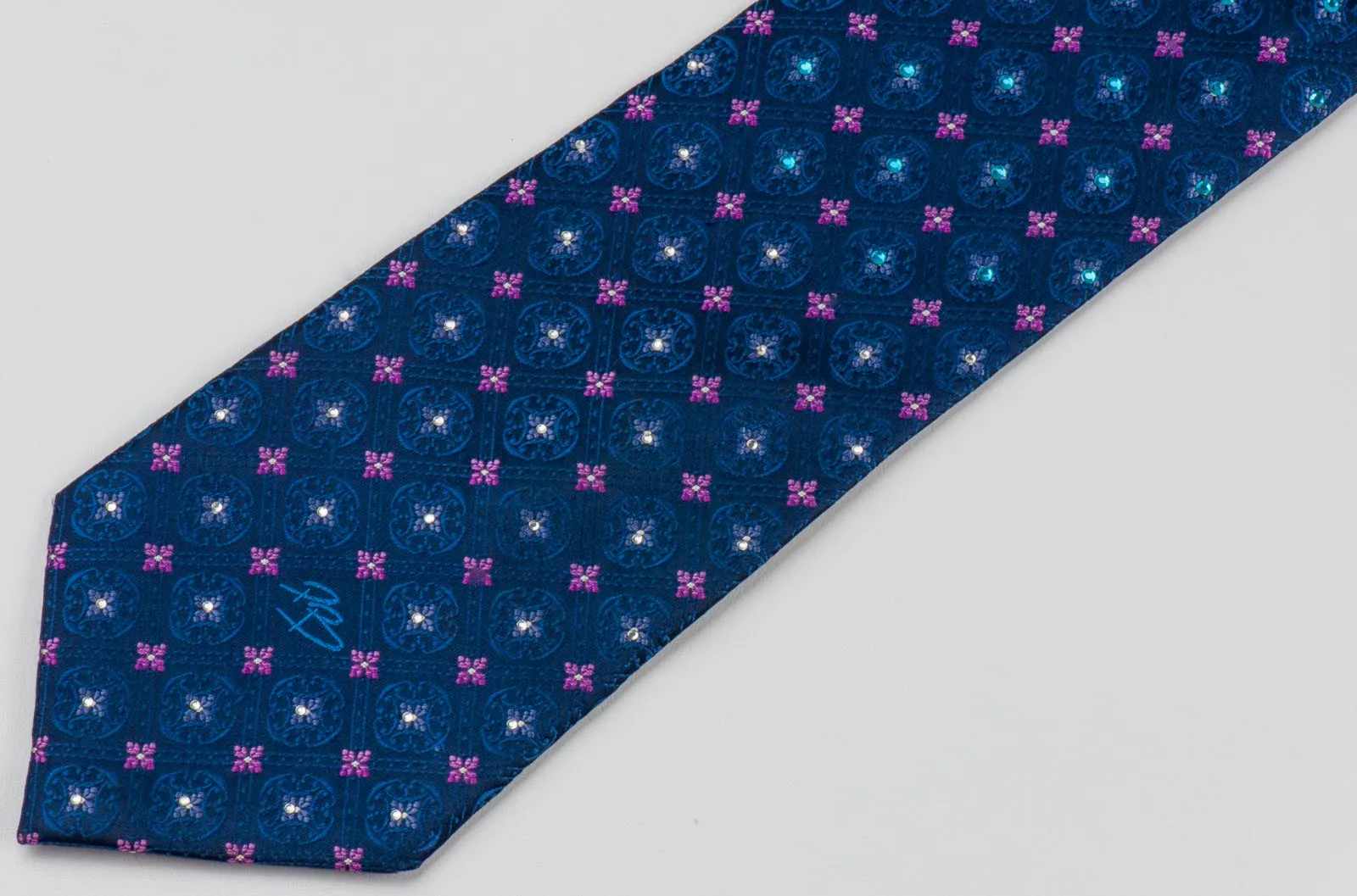 Pierre Balmain Men's Silk Rhinestone Tie Pink Foulard Floral On Navy Blue