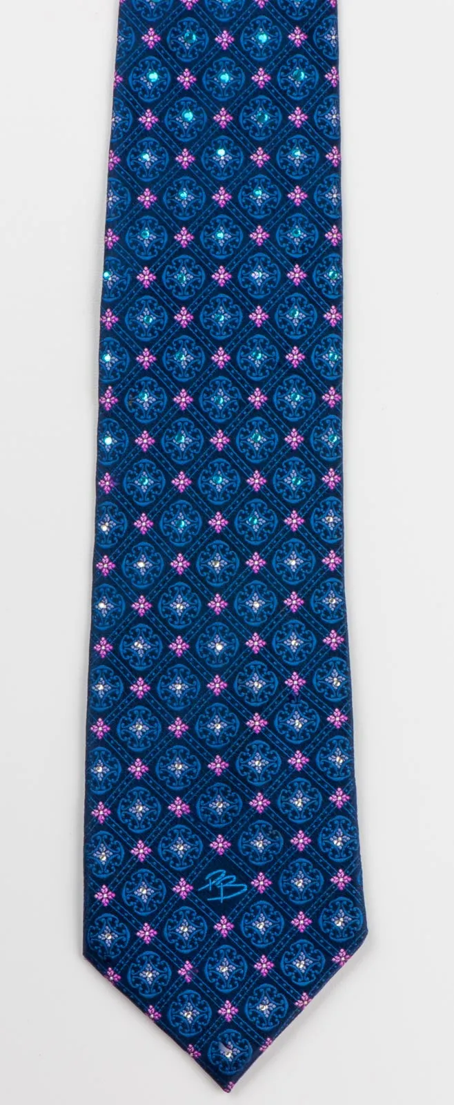 Pierre Balmain Men's Silk Rhinestone Tie Pink Foulard Floral On Navy Blue