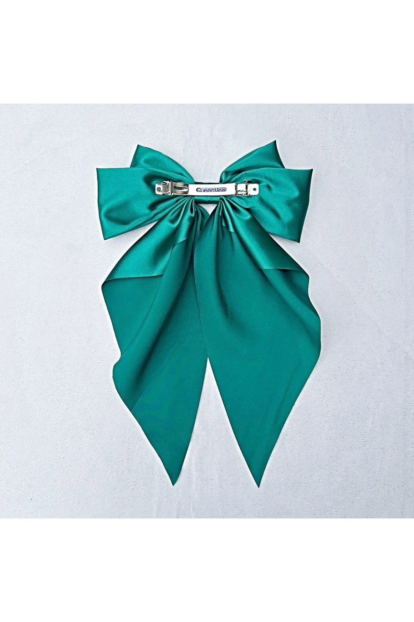 Queenmee Hair Accessories Green Satin Hair Bow Green Hair Clip Long Bow