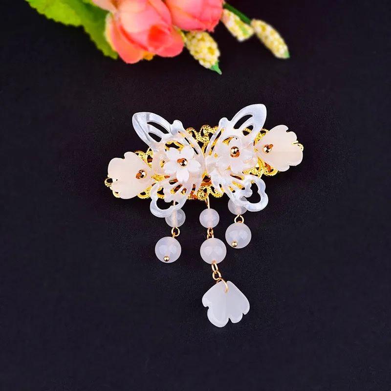 Retro Chinese Butterfly 6 Beads 4 flower Hair Clip