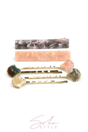 Sale - Marble Acrylic Hair Clip and Mosaic Seashell Bobby Pin Set