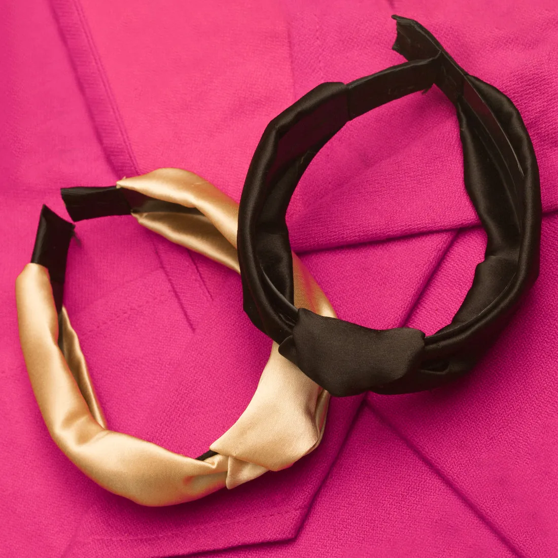 Set Of 2 Chic Beige And Black Satin Hairband With Elegant Top Knot