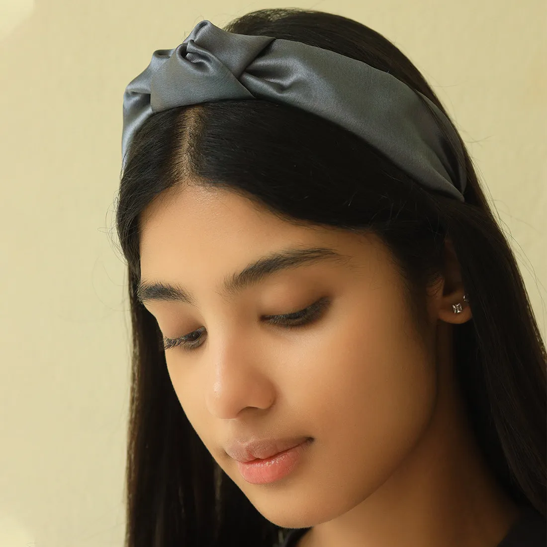 Set Of 2 Chic Grey And Black Satin Hairband With Elegant Top Knot