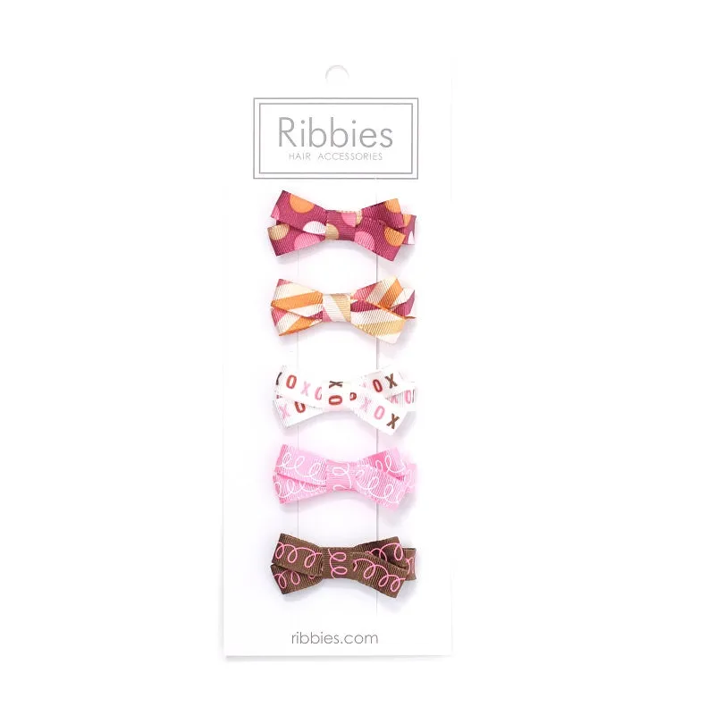 Set of 5 Small Bows - Pink and Mustard