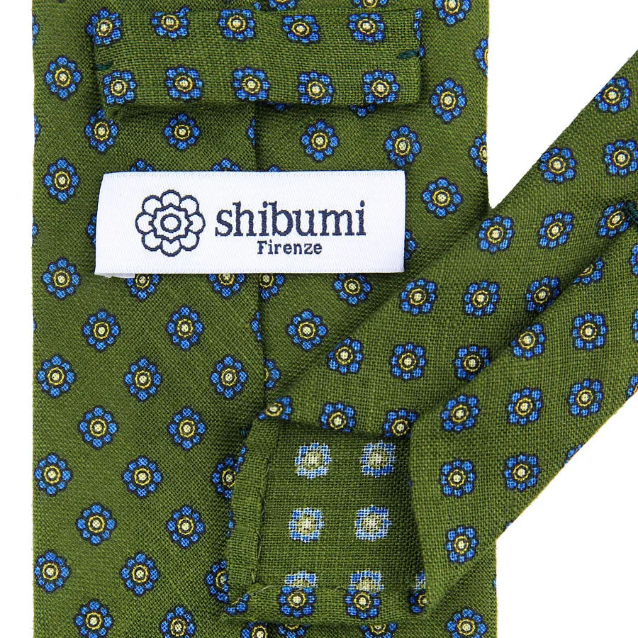 Shibumi-Flower Printed Linen Tie - Olive - Hand-Rolled