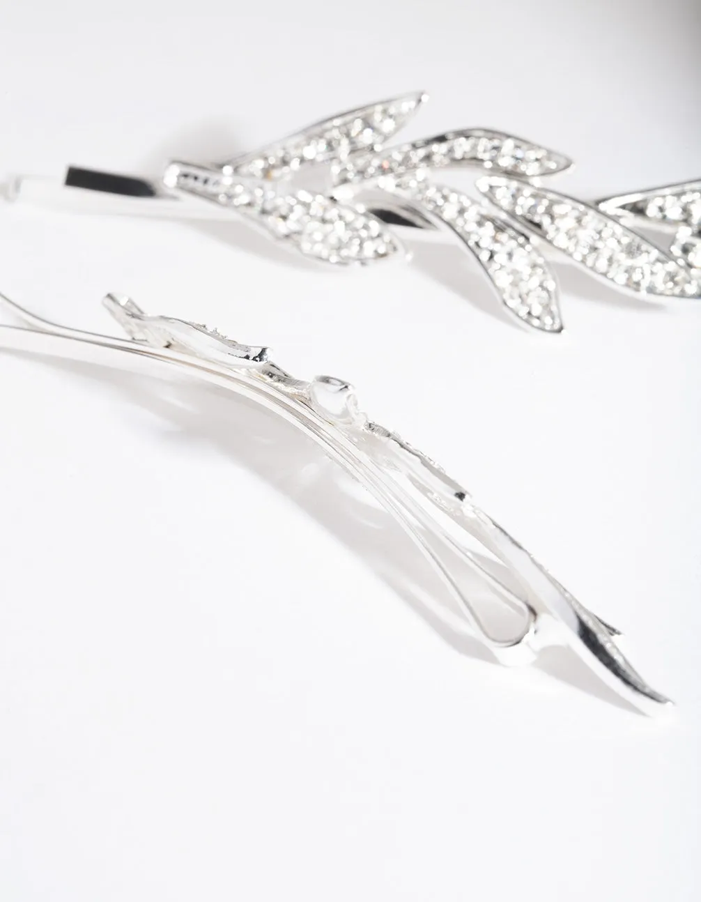 Silver Double Leaf Diamante Clip Pack