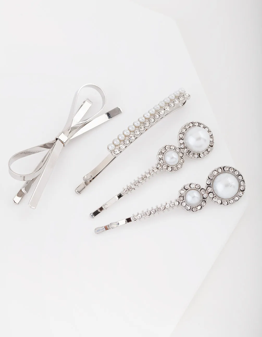 Silver Mismatch Pearl Bow Clip 4 Pack