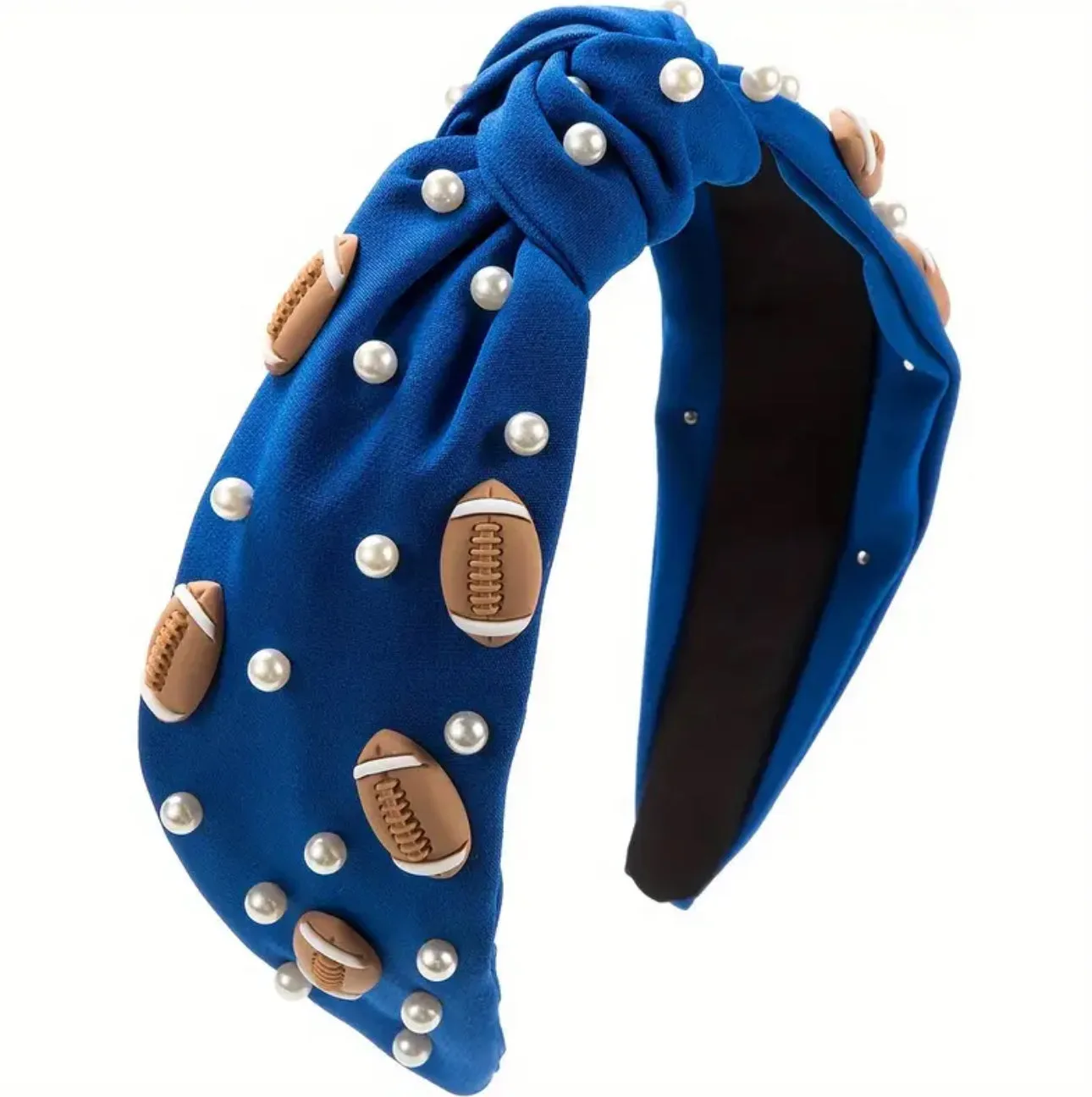 Sports-Inspired Pearl Embellished Football Headband with Knot Detail - Polyester & Spandex Material, Sports Theme