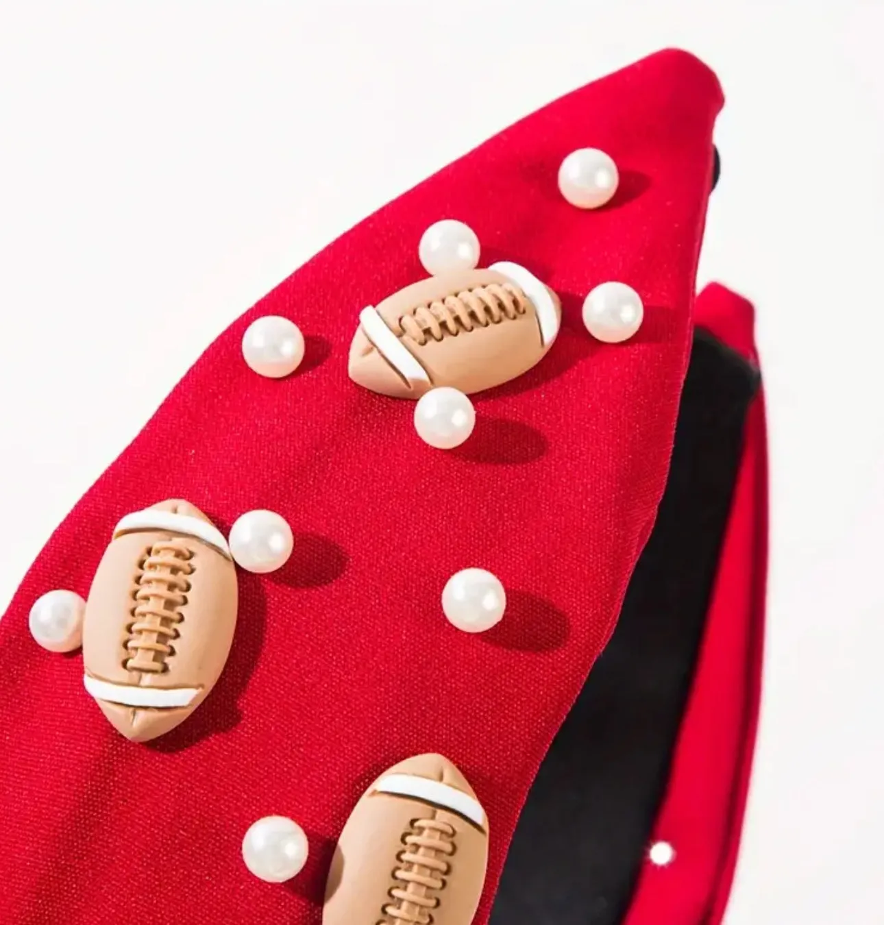 Sports-Inspired Pearl Embellished Football Headband with Knot Detail - Polyester & Spandex Material, Sports Theme