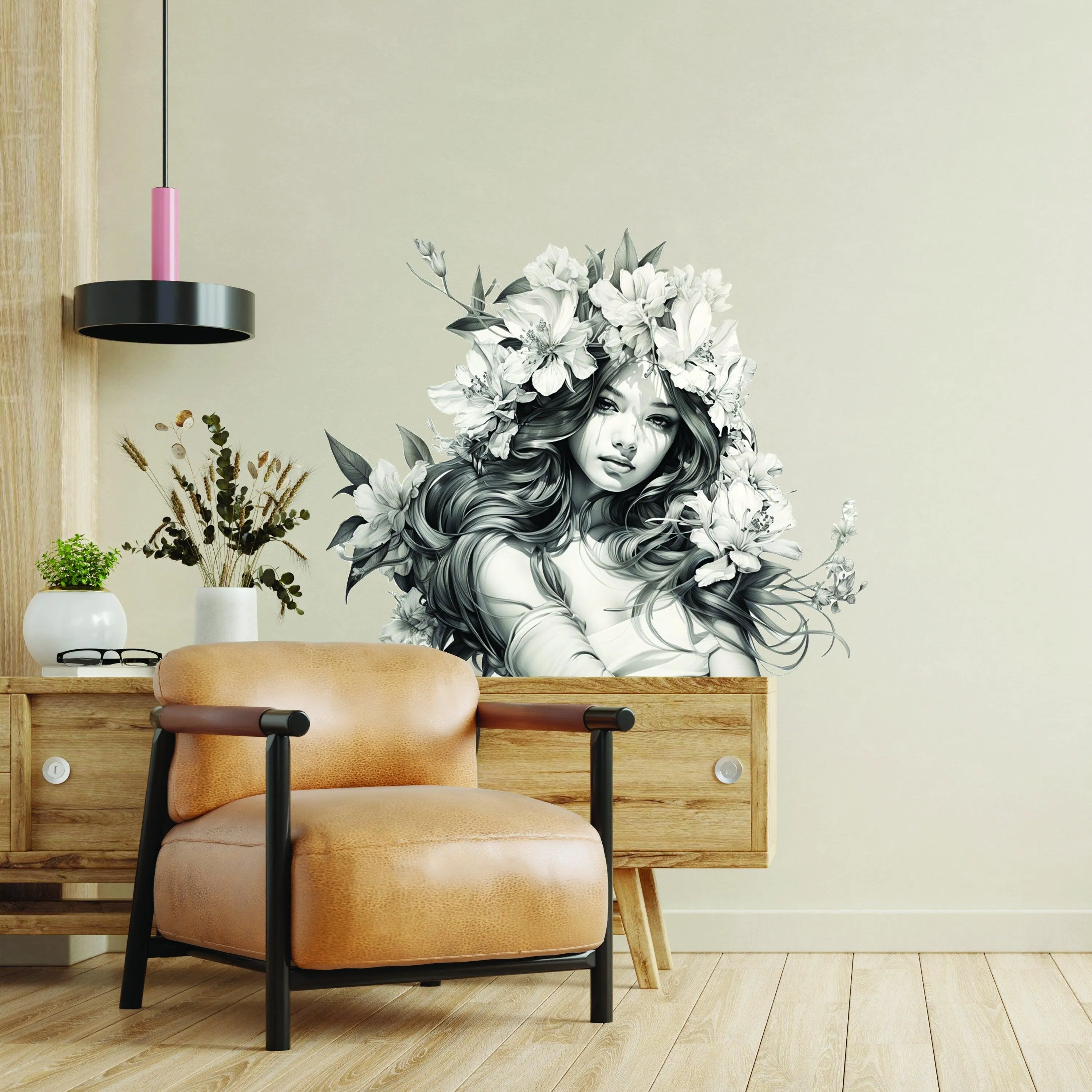 Stunning Woman with Floral Hair Wall Decal - Elegant Teen Vinyl Art Mural