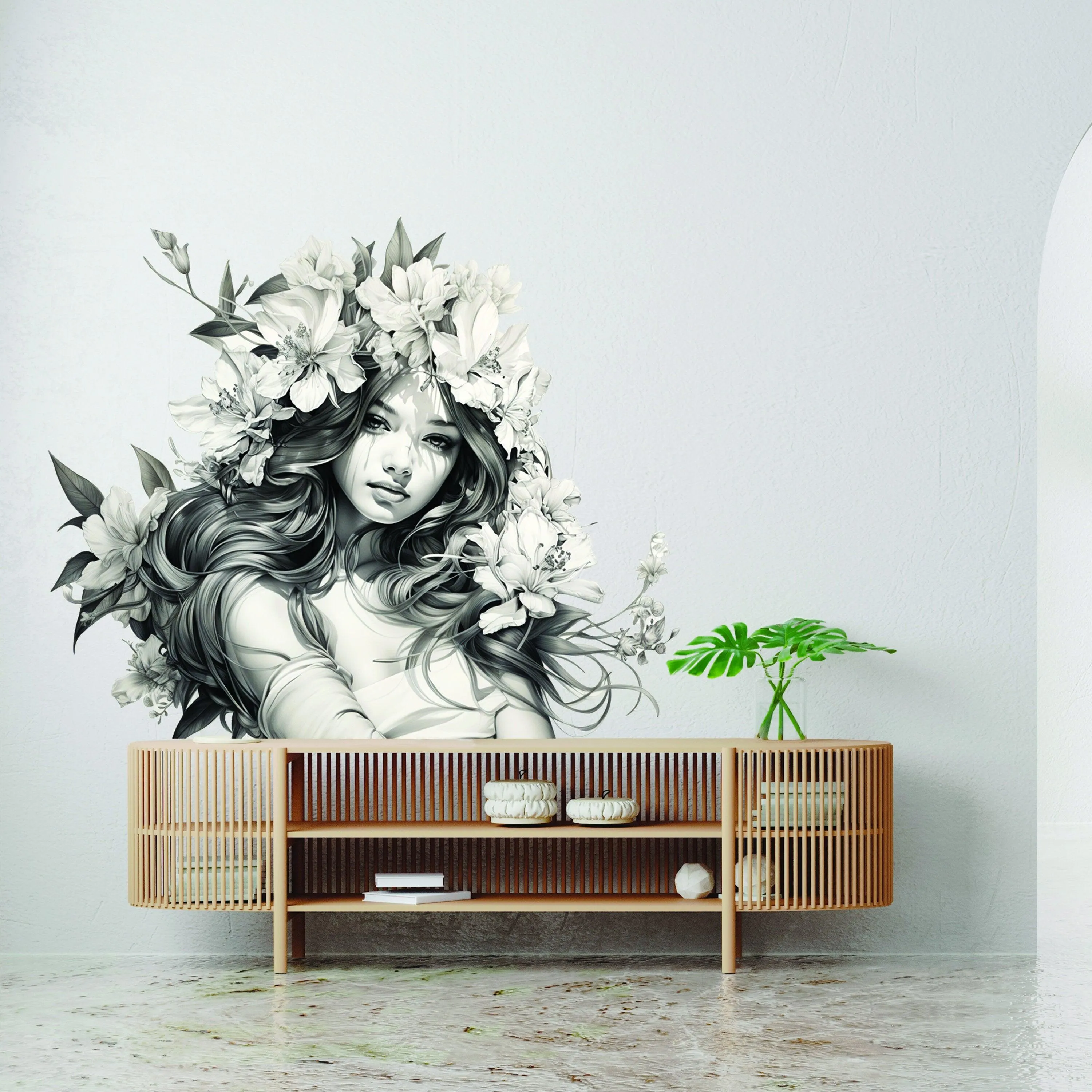 Stunning Woman with Floral Hair Wall Decal - Elegant Teen Vinyl Art Mural