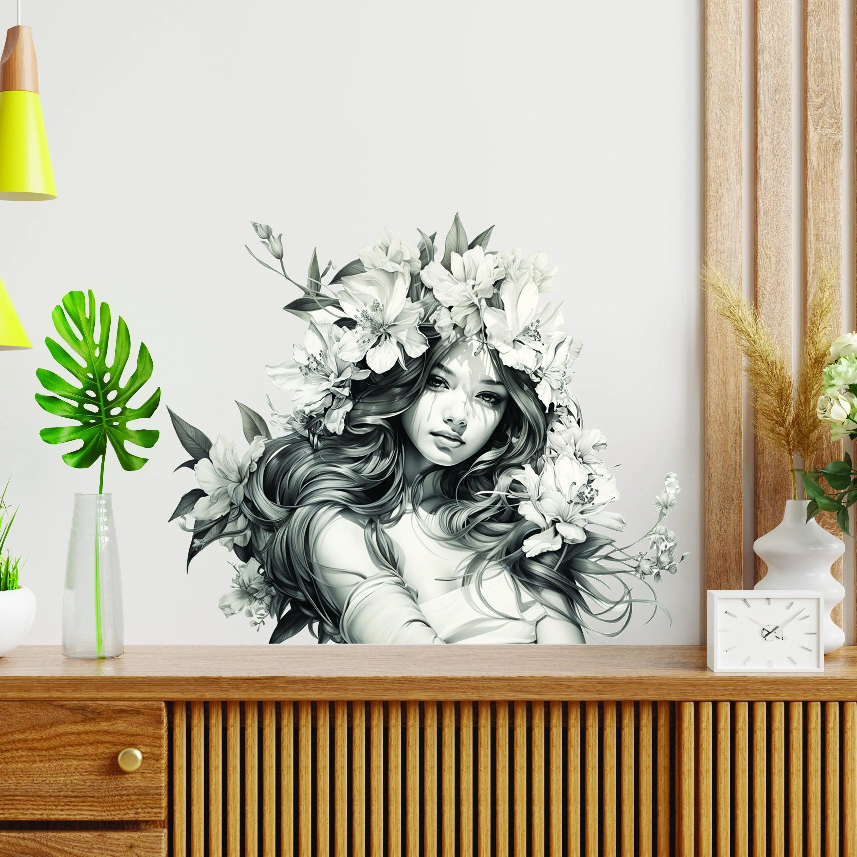 Stunning Woman with Floral Hair Wall Decal - Elegant Teen Vinyl Art Mural