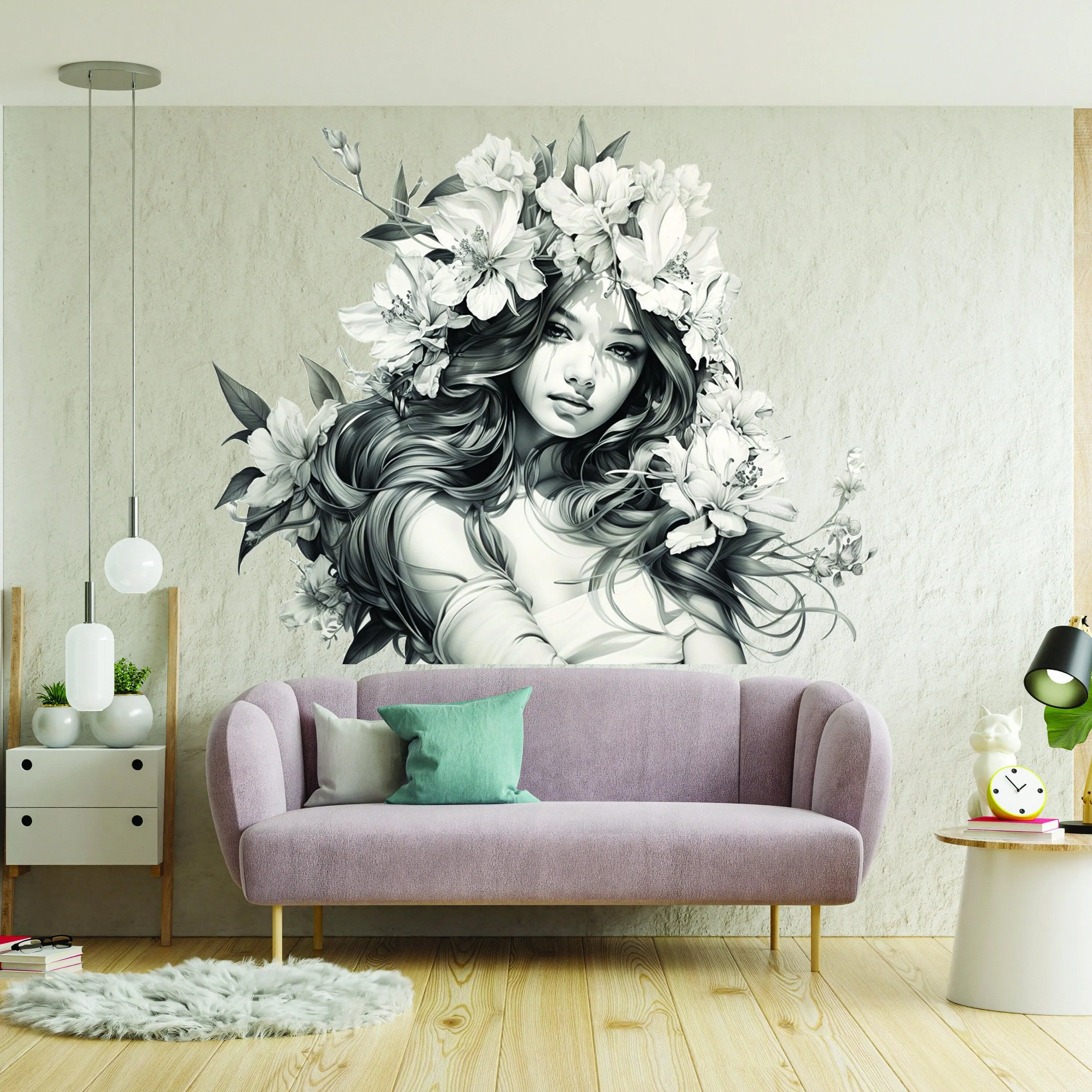 Stunning Woman with Floral Hair Wall Decal - Elegant Teen Vinyl Art Mural