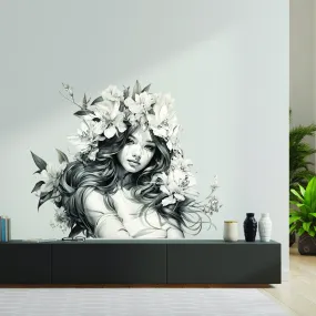 Stunning Woman with Floral Hair Wall Decal - Elegant Teen Vinyl Art Mural