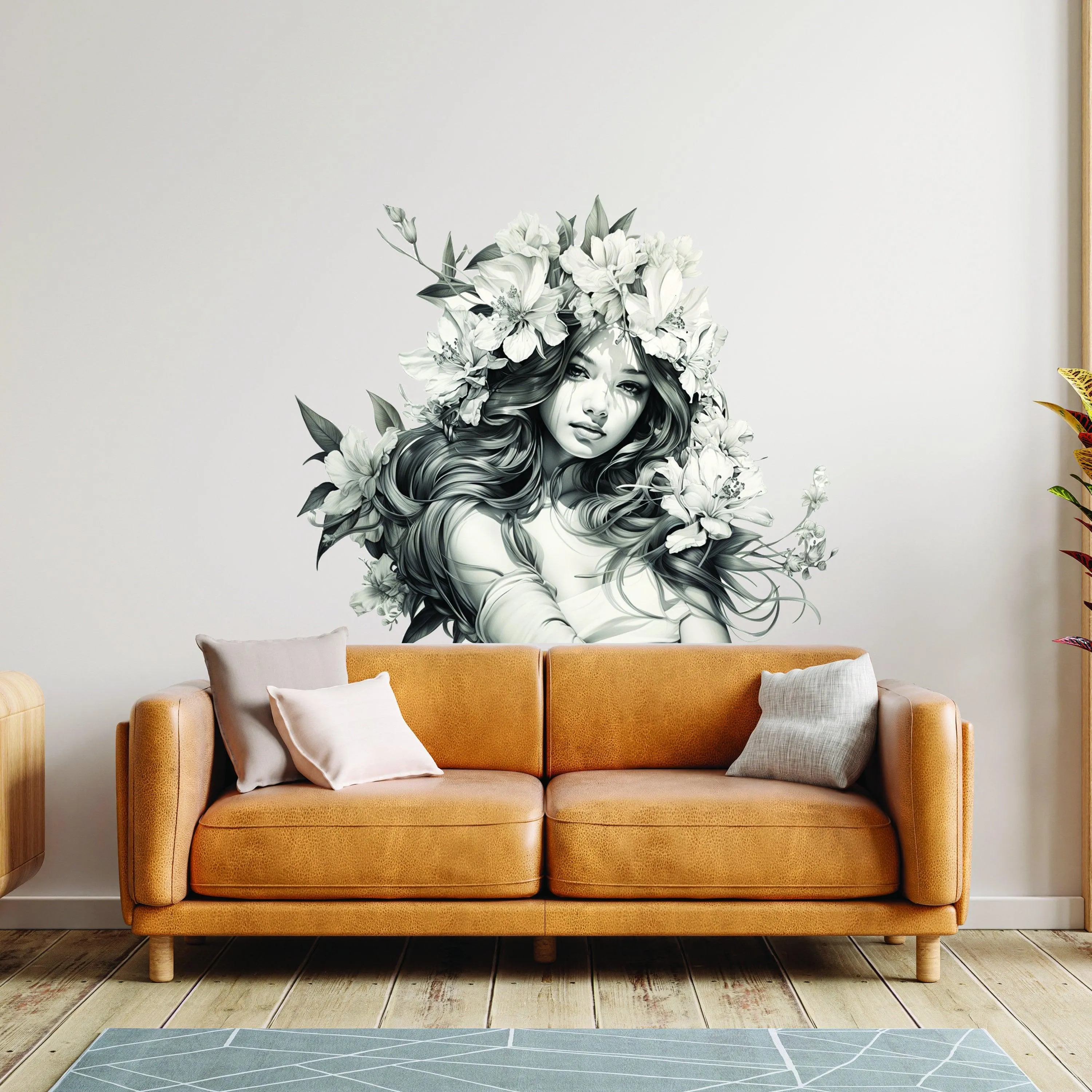 Stunning Woman with Floral Hair Wall Decal - Elegant Teen Vinyl Art Mural