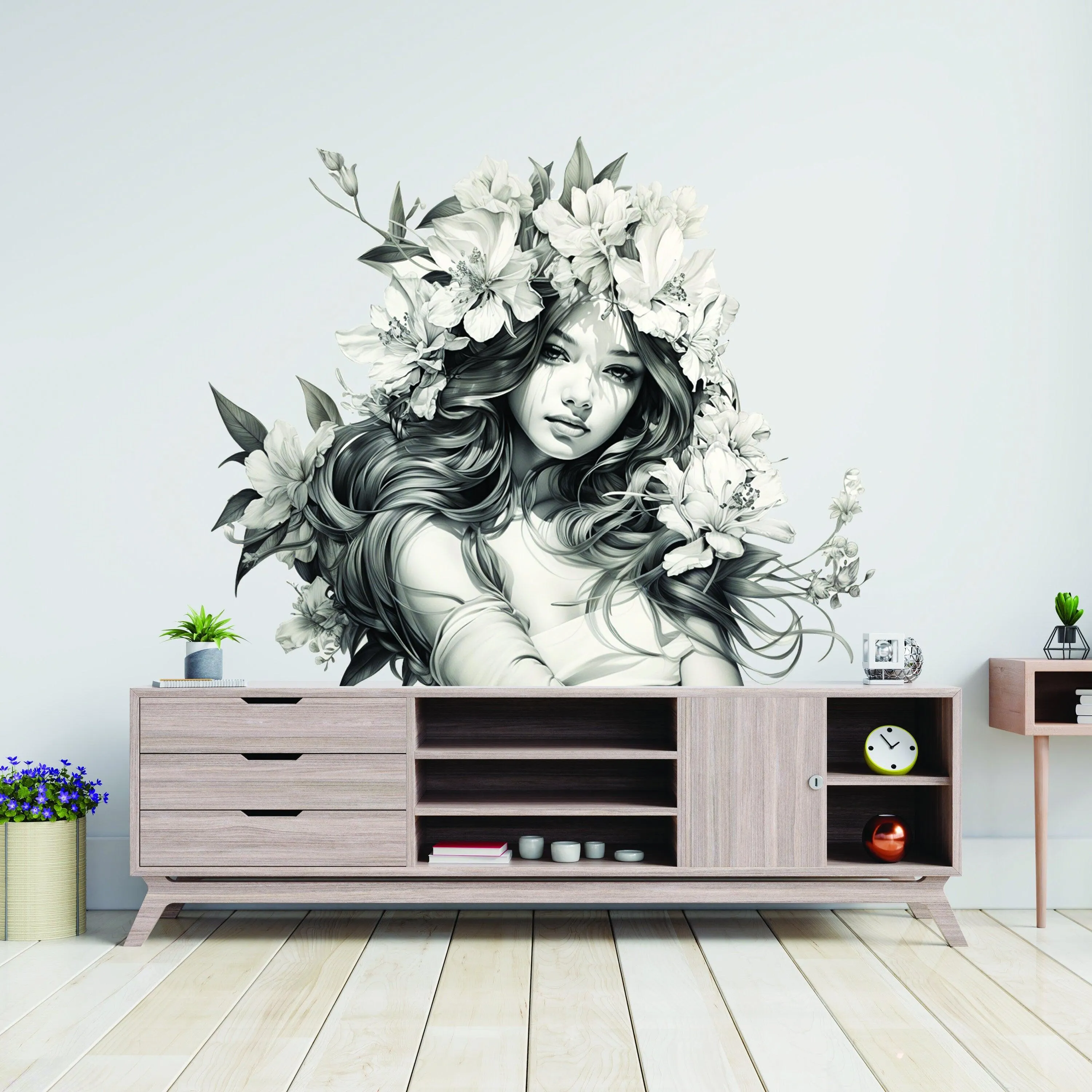 Stunning Woman with Floral Hair Wall Decal - Elegant Teen Vinyl Art Mural